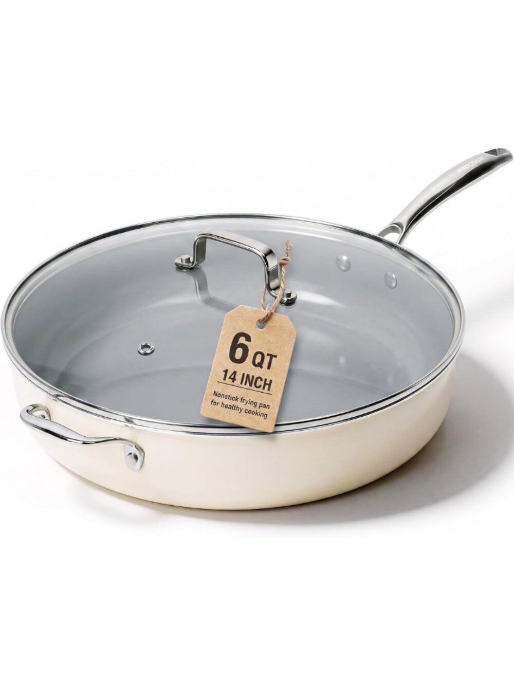 14" Nonstick Deep Frying Pan with Lid - 6QT Family Size Ceramic Cookware